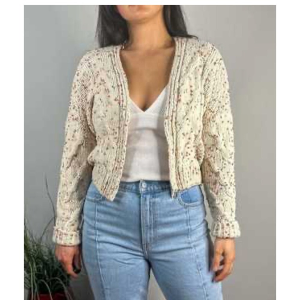 Moon & Madison Cardigan Women's XS Cream Tweed Cropped Open Knit Cottagecore